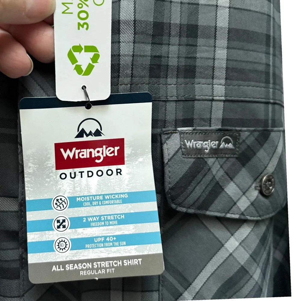 Wrangler‎ Outdoor Men 3XL Grey Plaid Stretch Moisture Wicking UPF 40 Shirt NEW